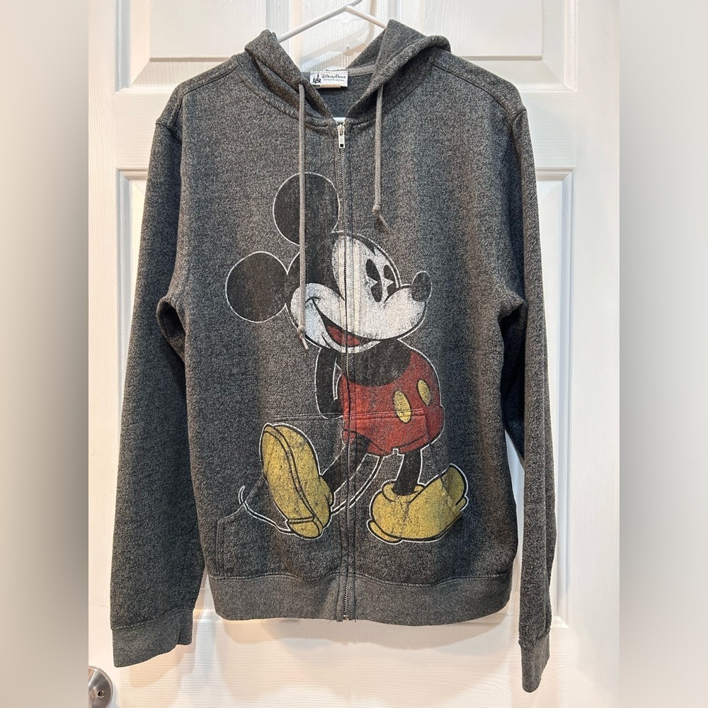 Disney Parks Sz M Adult Mickey Mouse‎ Hoodie Sweatshirt Full Zip Gray Distressed